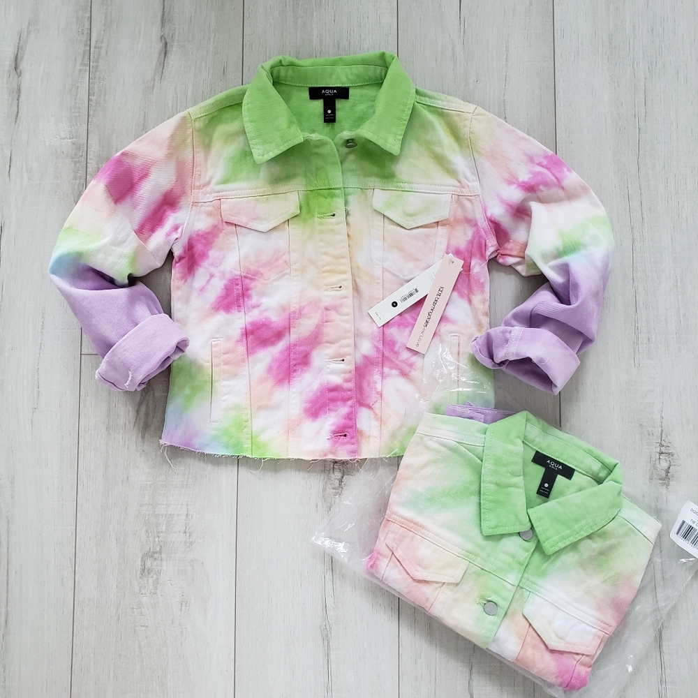 Aqua Girls Spring Jacket Cotton Denim Jeans Size M Rainbow Tie Dye